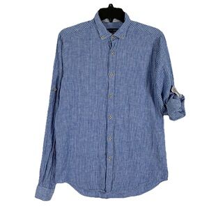 Zara Blue Striped Linen Button Shirt Men’s S Slim Fit Roll Tab Sleeves